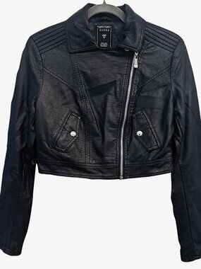 Guess - Women's Black Moto Cropped Bomber Biker Jacket